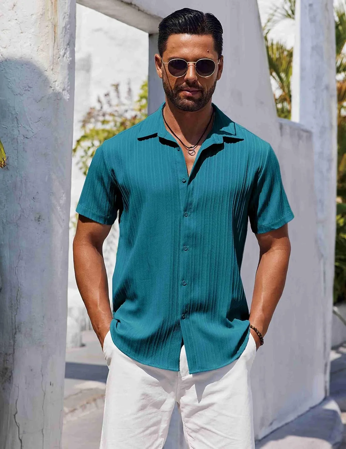 COOFANDY Men's Casual Button Down Shirts Short Sleeve Textured Summer Beach Shirts