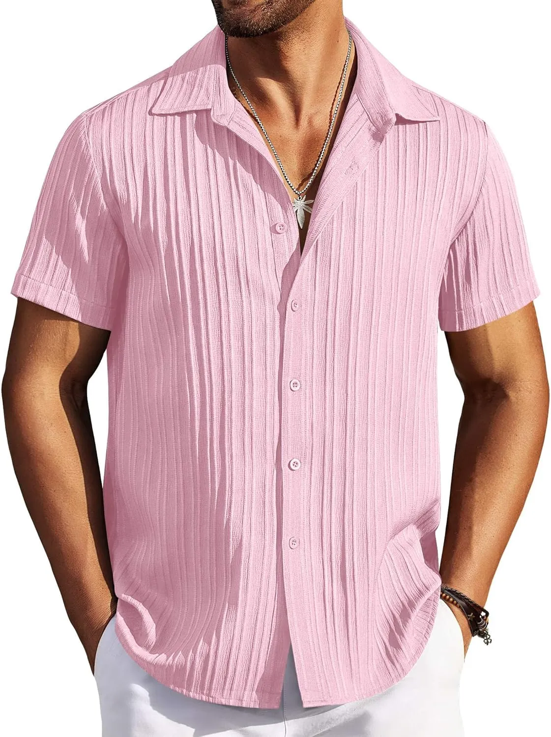 COOFANDY Men's Casual Button Down Shirts Short Sleeve Textured Summer Beach Shirts