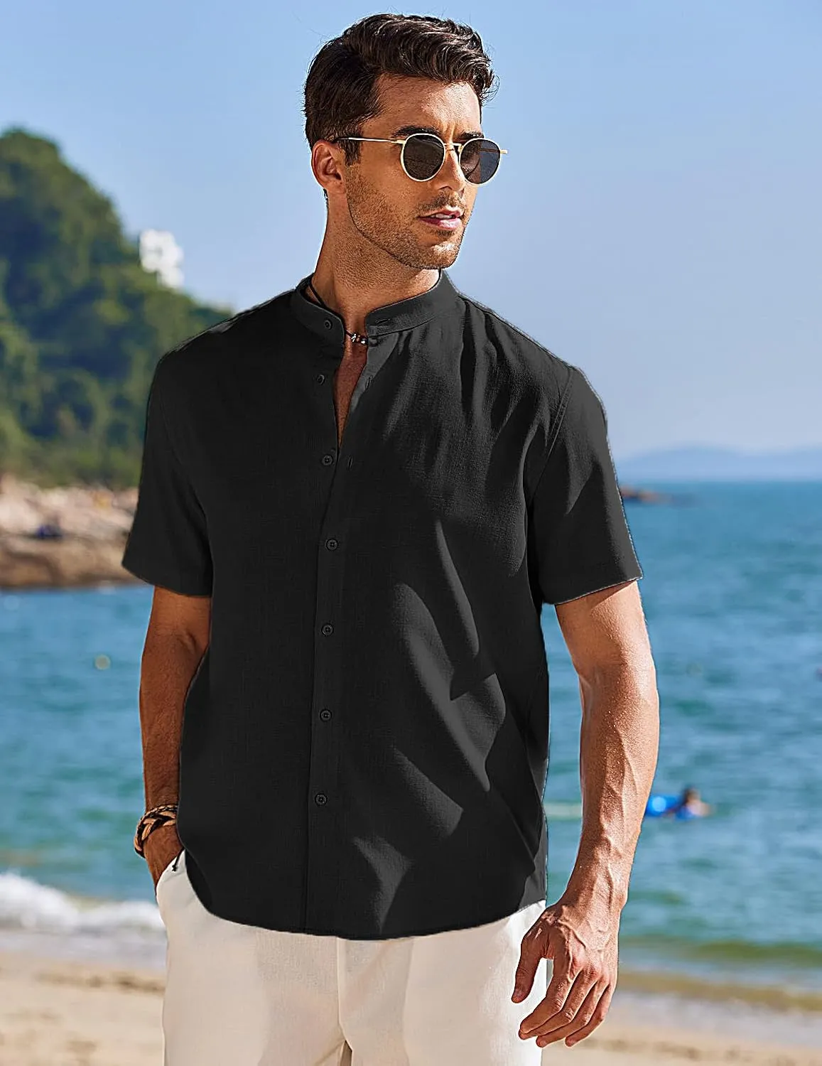 COOFANDY Men's Muscle Fit Dress Shirts Banded Collar Casual Button Down Shirts