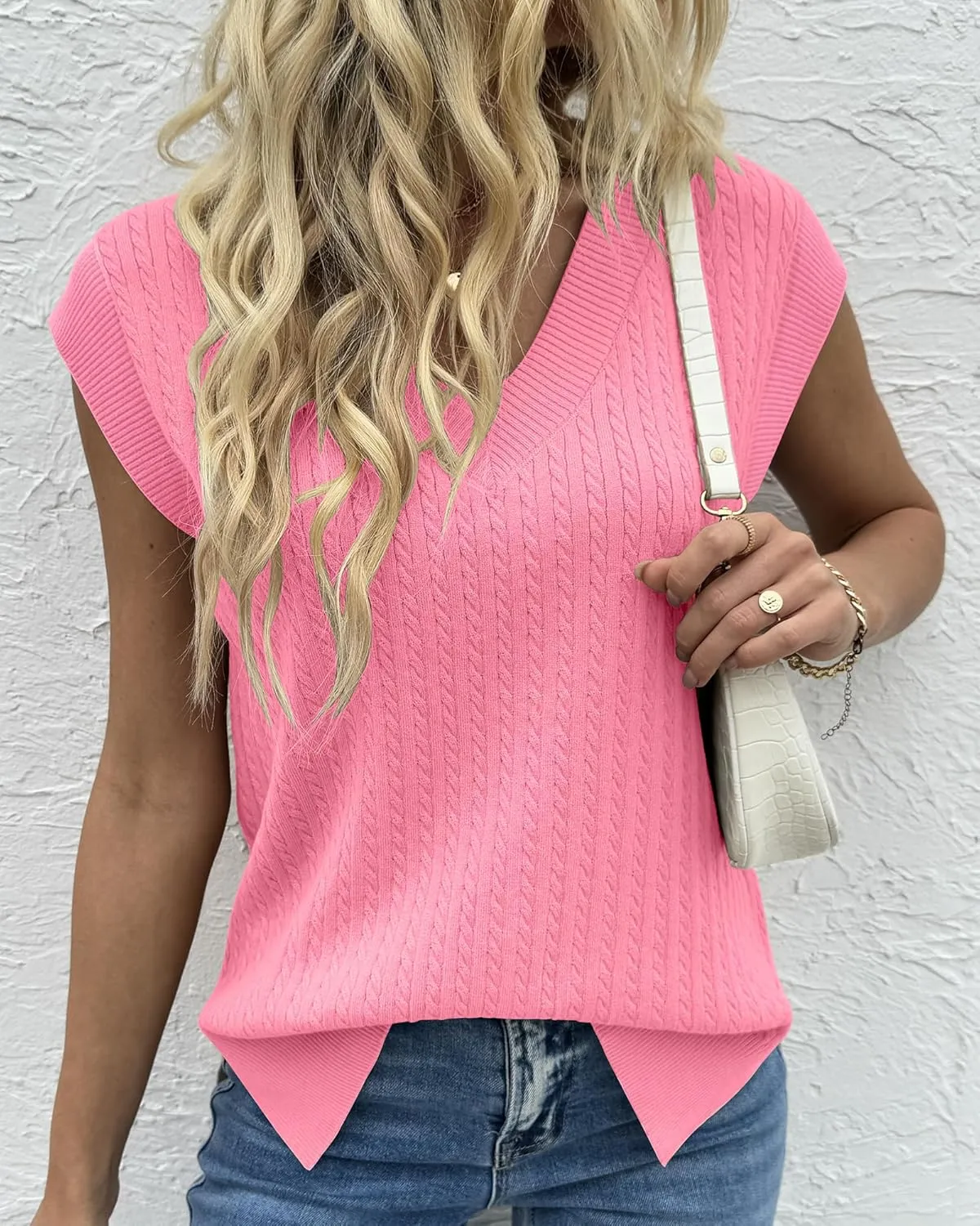 COSSEN Womens V Neck Sweater Vest Oversized Cable Knit Sleeveless Casual Loose Fit Pullover Tank Top