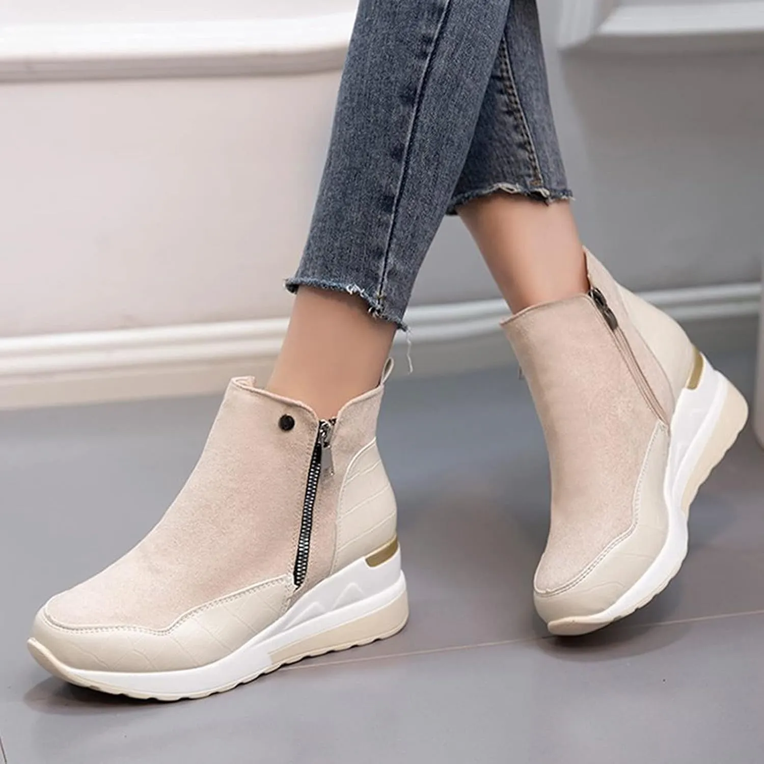 Cowboy Boots for Women High Heel Peep Toe Ankle Booties Leather Boots Wedges Short Booties Single Shoes 52