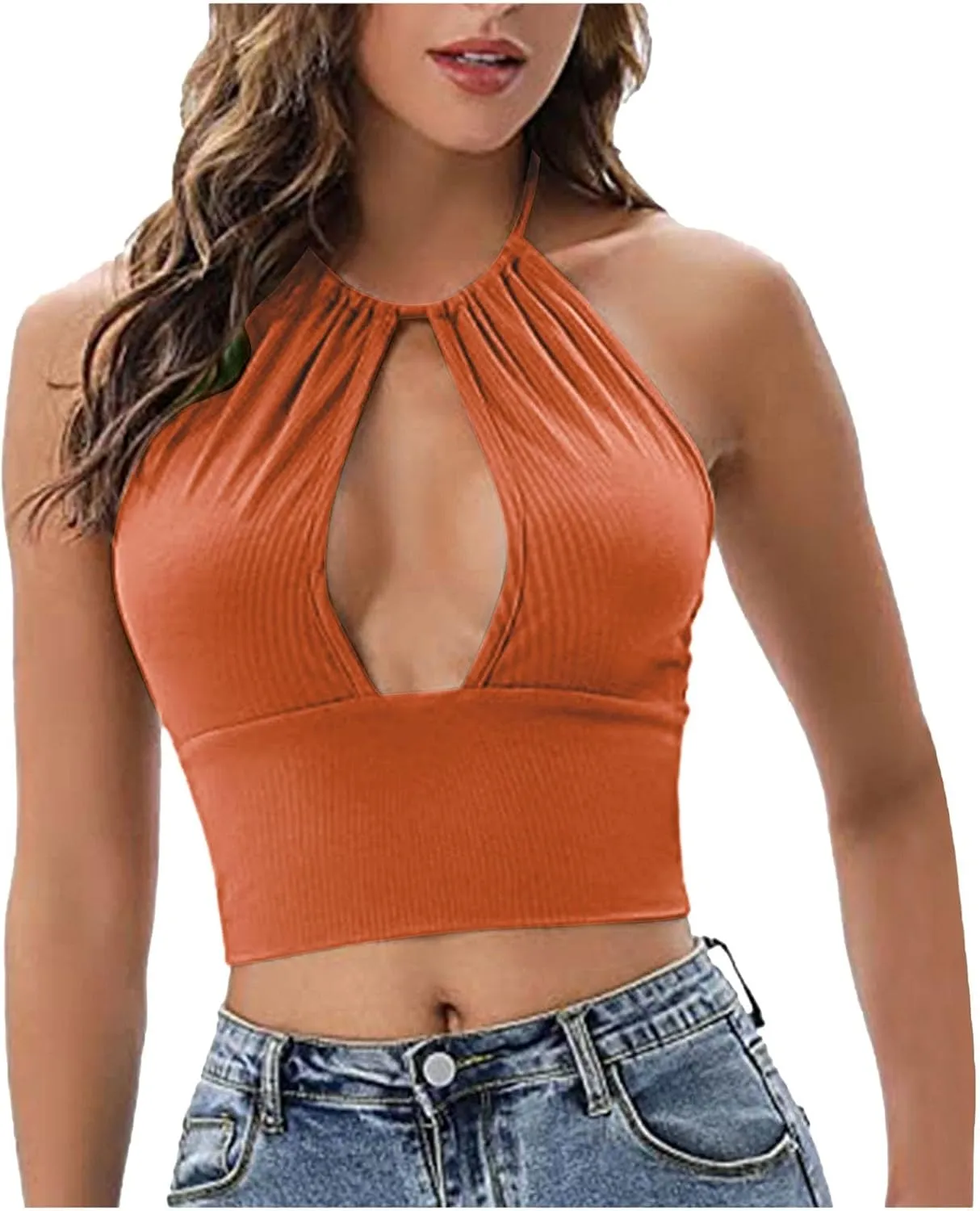Criss Cross Crop Tank Top for Women Plunge Ring Cleavage Halter Neck Sexy Y2K Sleeveless Going Out Summer