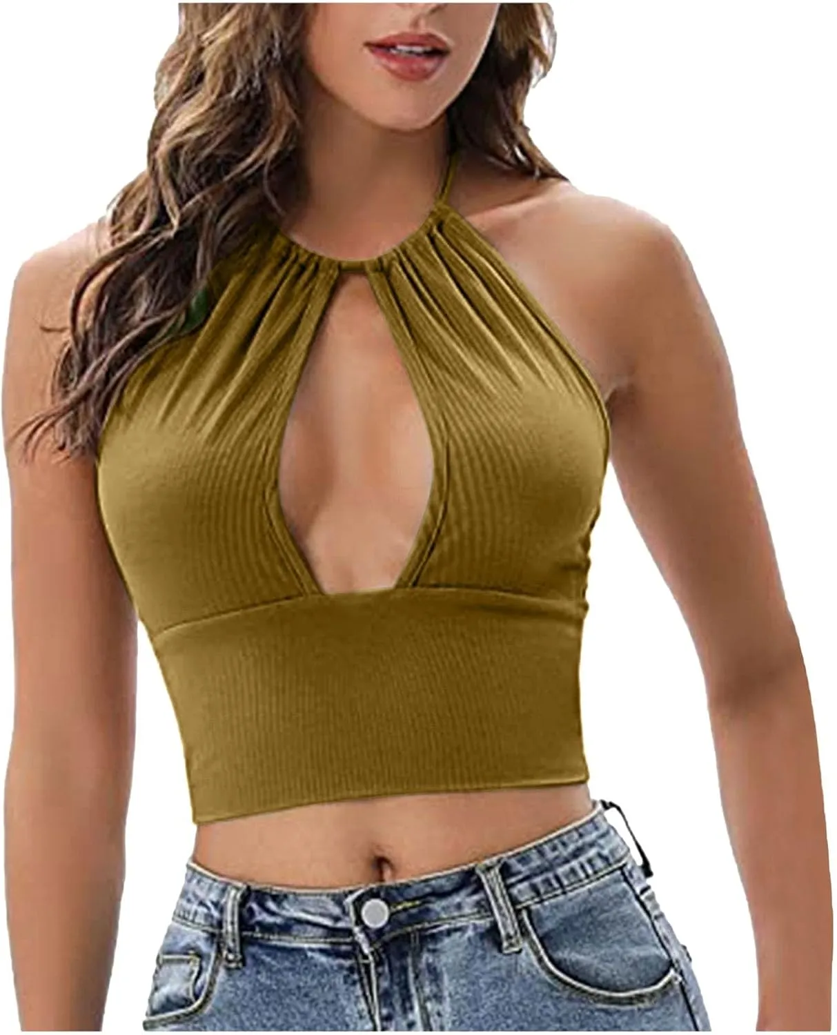 Criss Cross Crop Tank Top for Women Plunge Ring Cleavage Halter Neck Sexy Y2K Sleeveless Going Out Summer