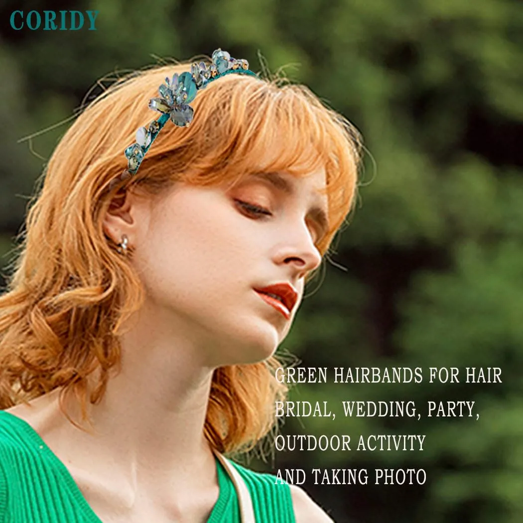 Crystal Blue Rhinestones Headbands Baroque Thin Hairbands for Women Girls Sparkly Diamond Hair Hoop Fashion Jeweled Head Bands for Wedding Holiday Party (Peacock Green)
