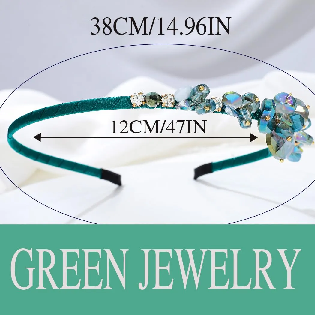 Crystal Blue Rhinestones Headbands Baroque Thin Hairbands for Women Girls Sparkly Diamond Hair Hoop Fashion Jeweled Head Bands for Wedding Holiday Party (Peacock Green)