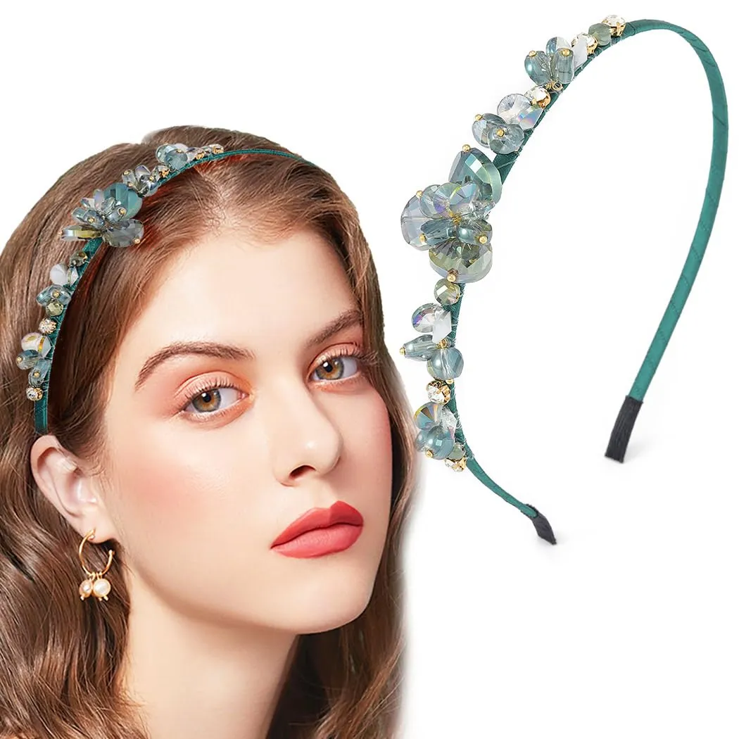 Crystal Blue Rhinestones Headbands Baroque Thin Hairbands for Women Girls Sparkly Diamond Hair Hoop Fashion Jeweled Head Bands for Wedding Holiday Party (Peacock Green)