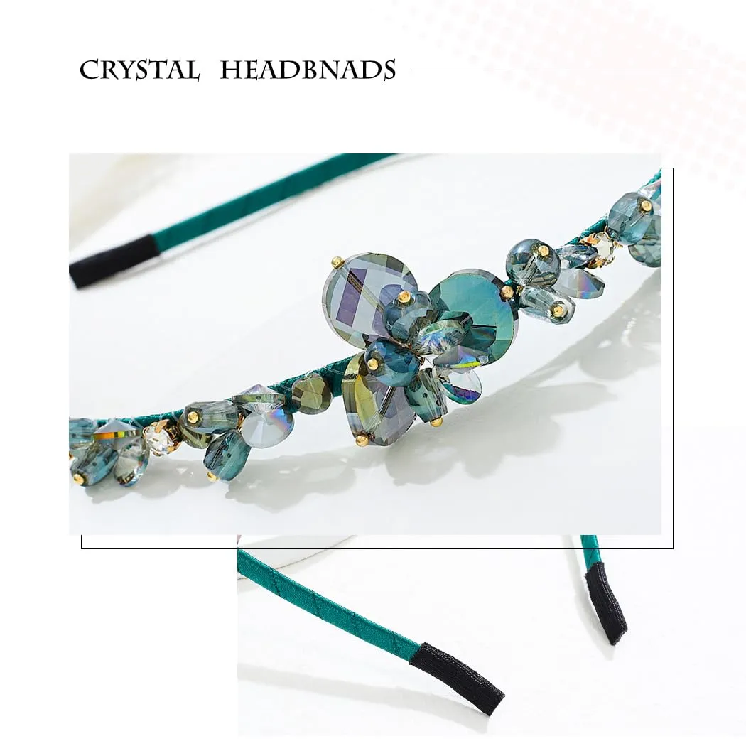 Crystal Blue Rhinestones Headbands Baroque Thin Hairbands for Women Girls Sparkly Diamond Hair Hoop Fashion Jeweled Head Bands for Wedding Holiday Party (Peacock Green)