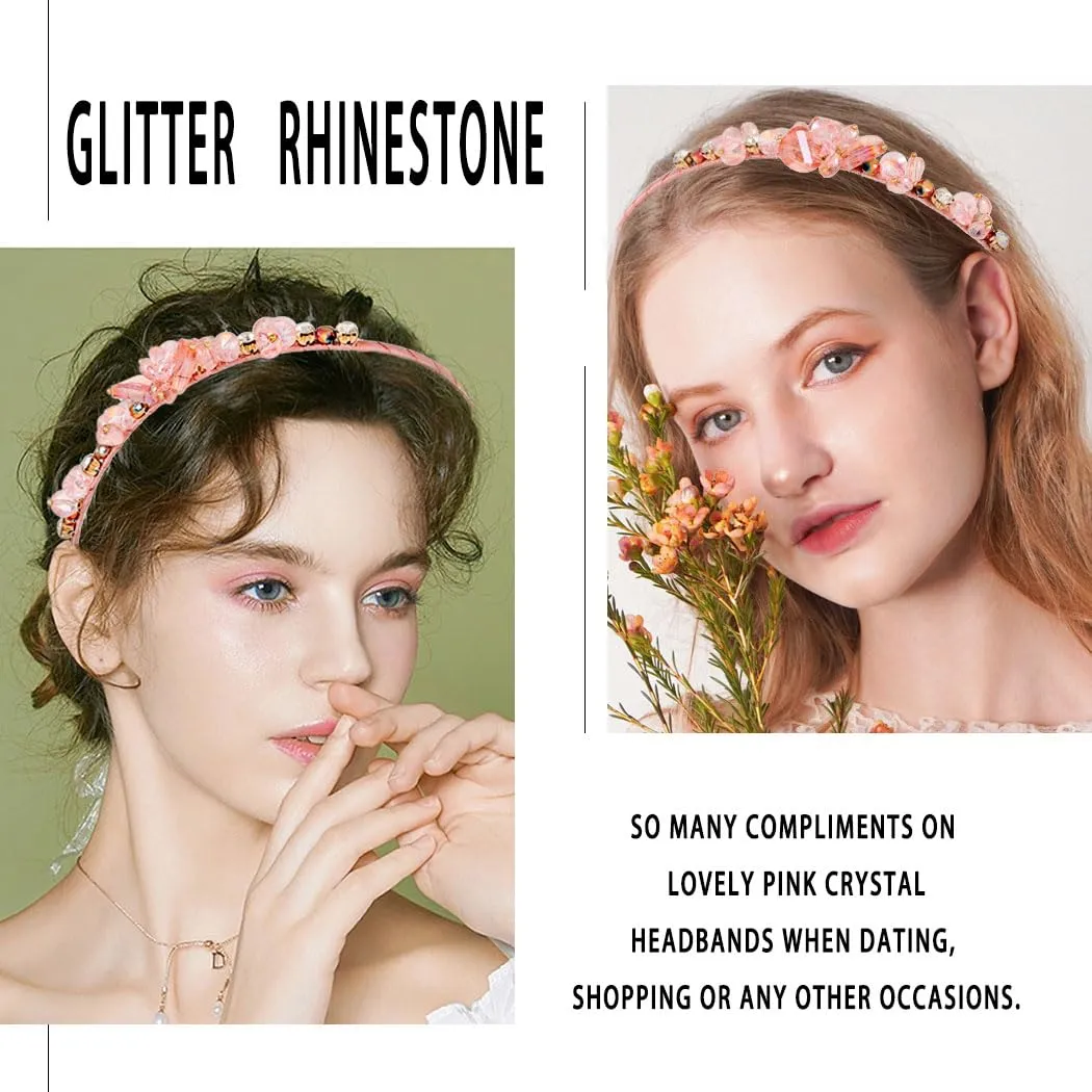 Crystal Blue Rhinestones Headbands Baroque Thin Hairbands for Women Girls Sparkly Diamond Hair Hoop Fashion Jeweled Head Bands for Wedding Holiday Party (Pink)