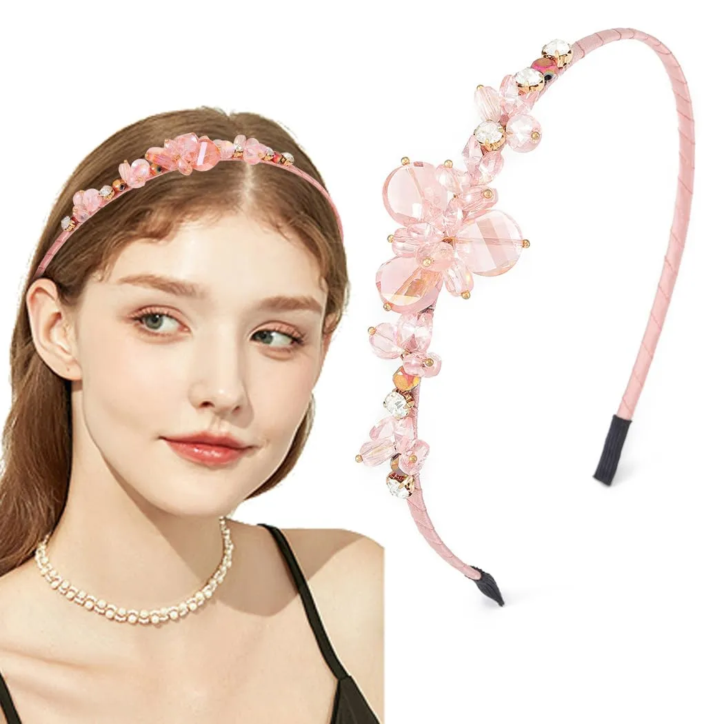 Crystal Blue Rhinestones Headbands Baroque Thin Hairbands for Women Girls Sparkly Diamond Hair Hoop Fashion Jeweled Head Bands for Wedding Holiday Party (Pink)