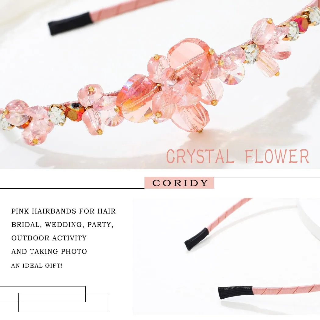 Crystal Blue Rhinestones Headbands Baroque Thin Hairbands for Women Girls Sparkly Diamond Hair Hoop Fashion Jeweled Head Bands for Wedding Holiday Party (Pink)