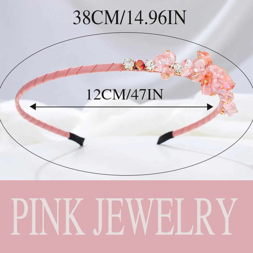 Crystal Blue Rhinestones Headbands Baroque Thin Hairbands for Women Girls Sparkly Diamond Hair Hoop Fashion Jeweled Head Bands for Wedding Holiday Party (Pink)
