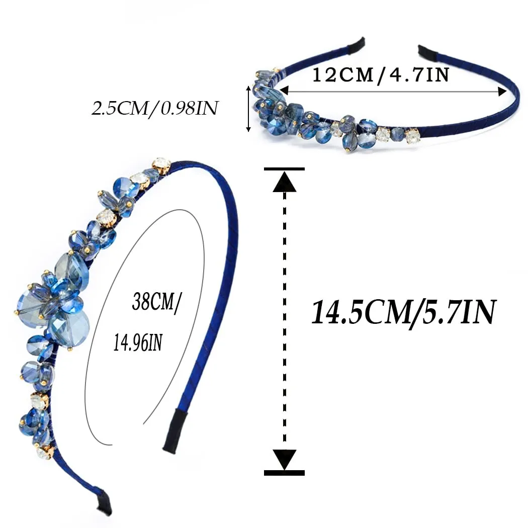 Crystal Blue Rhinestones Headbands Baroque Thin Hairbands for Women Girls Sparkly Diamond Hair Hoops Fashion Jeweled Head Bands for Wedding Holiday Party