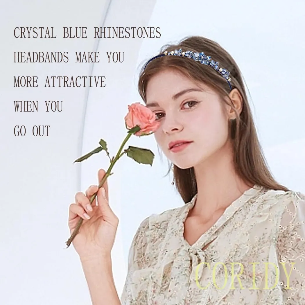 Crystal Blue Rhinestones Headbands Baroque Thin Hairbands for Women Girls Sparkly Diamond Hair Hoops Fashion Jeweled Head Bands for Wedding Holiday Party