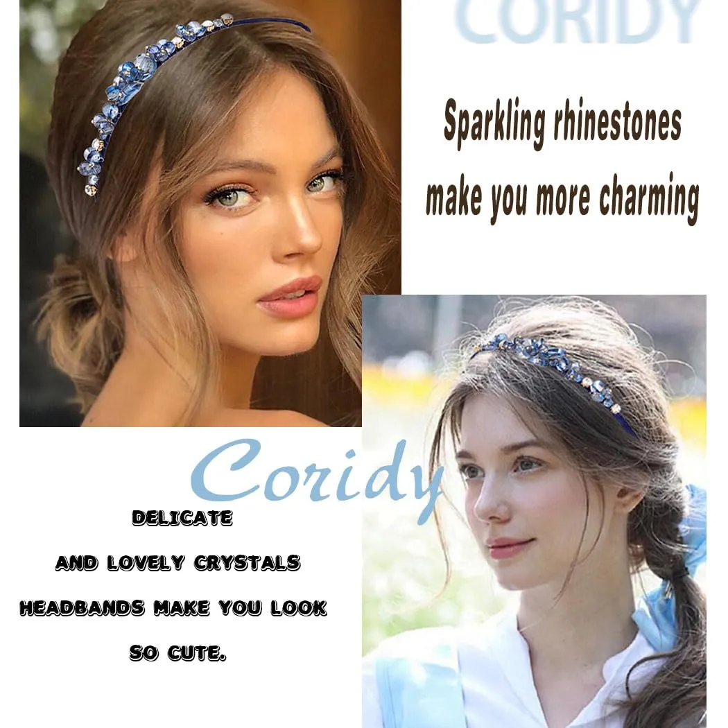 Crystal Blue Rhinestones Headbands Baroque Thin Hairbands for Women Girls Sparkly Diamond Hair Hoops Fashion Jeweled Head Bands for Wedding Holiday Party