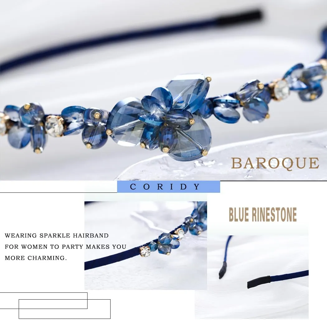 Crystal Blue Rhinestones Headbands Baroque Thin Hairbands for Women Girls Sparkly Diamond Hair Hoops Fashion Jeweled Head Bands for Wedding Holiday Party
