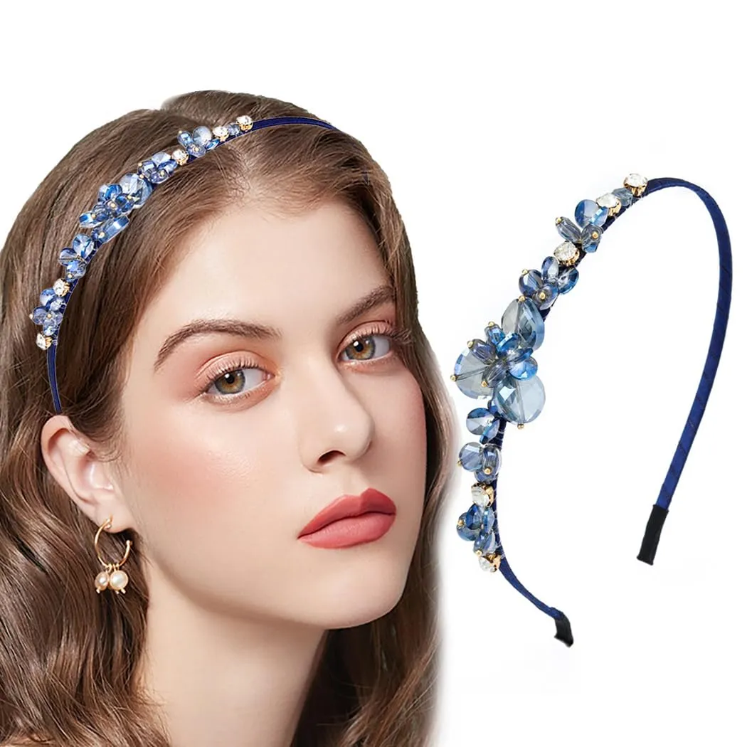 Crystal Blue Rhinestones Headbands Baroque Thin Hairbands for Women Girls Sparkly Diamond Hair Hoops Fashion Jeweled Head Bands for Wedding Holiday Party