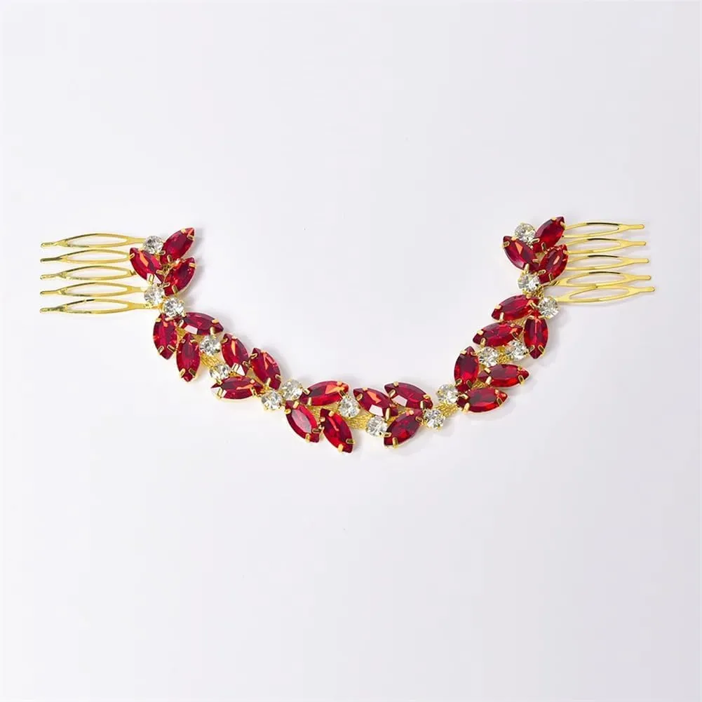 Crystal Flower Headpiece Birthday Wedding Rhinestone Hair Clip Bridal Tiara Combs Headdress Red 1Pc