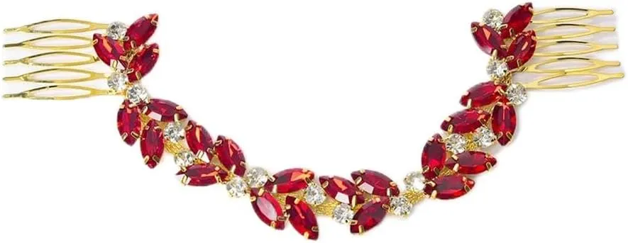 Crystal Flower Headpiece Birthday Wedding Rhinestone Hair Clip Bridal Tiara Combs Headdress Red 1Pc