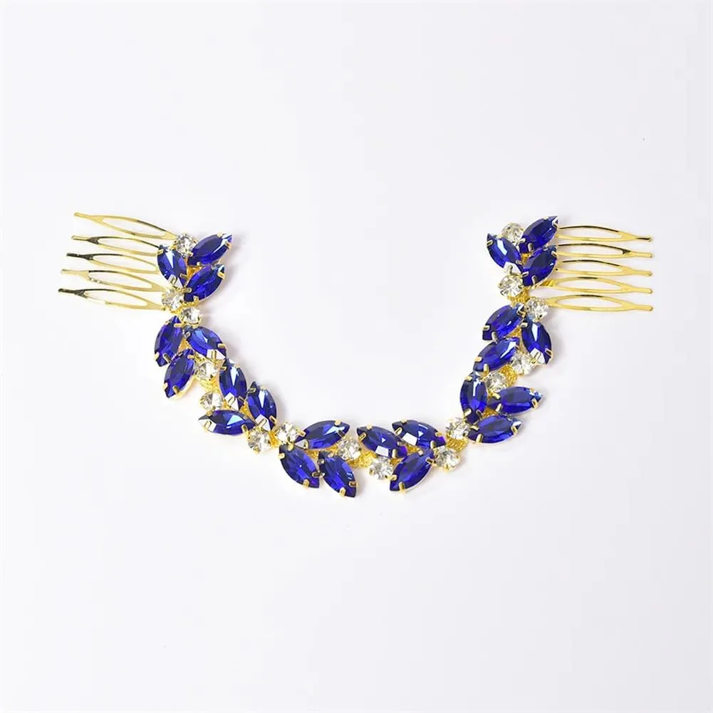 Crystal Flower Headpiece Birthday Wedding Rhinestone Hair Clip Bridal Tiara Combs Headdress Sapphire 1Pc