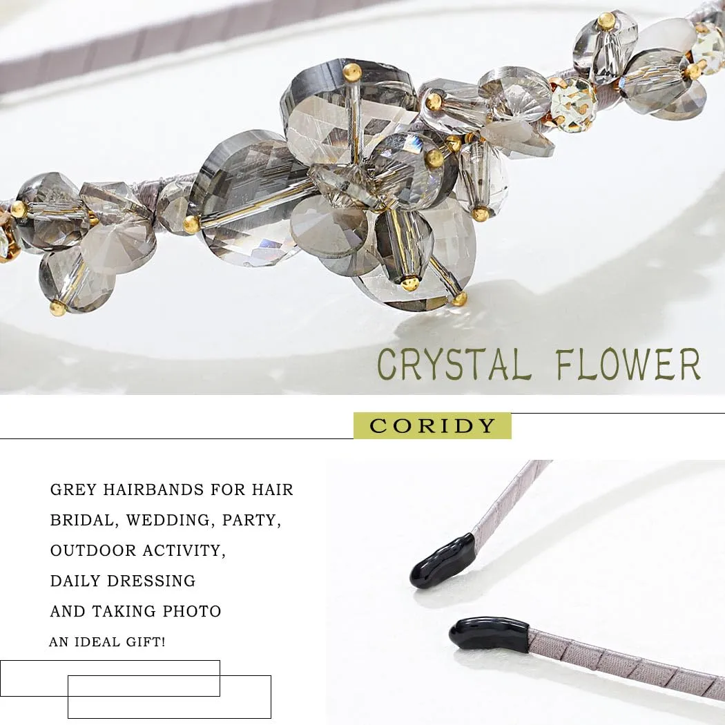 Crystal Grey Rhinestones Headbands Baroque Thin Hairbands for Women Girls Sparkly Diamond Hair Hoop Fashion Jeweled Head Bands for Wedding Holiday Party (Grey)