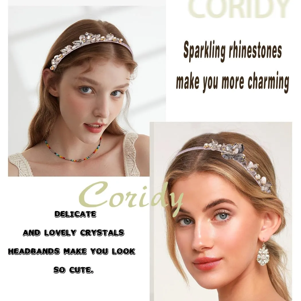 Crystal Grey Rhinestones Headbands Baroque Thin Hairbands for Women Girls Sparkly Diamond Hair Hoop Fashion Jeweled Head Bands for Wedding Holiday Party (Grey)
