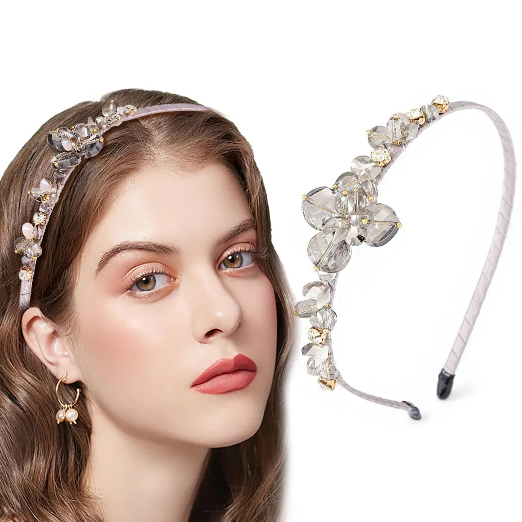 Crystal Grey Rhinestones Headbands Baroque Thin Hairbands for Women Girls Sparkly Diamond Hair Hoop Fashion Jeweled Head Bands for Wedding Holiday Party (Grey)