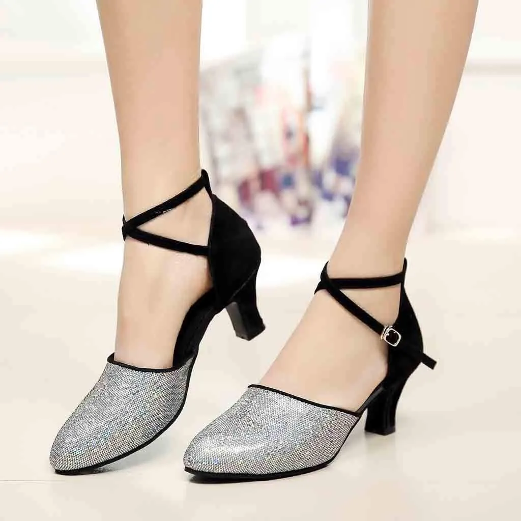 CsgrFagr Women's Ballroom Tango Latin Dancing Shoes Sequins Shoes Social Dance Shoe Casual Chunky Heels Women (Black, 7.5)
