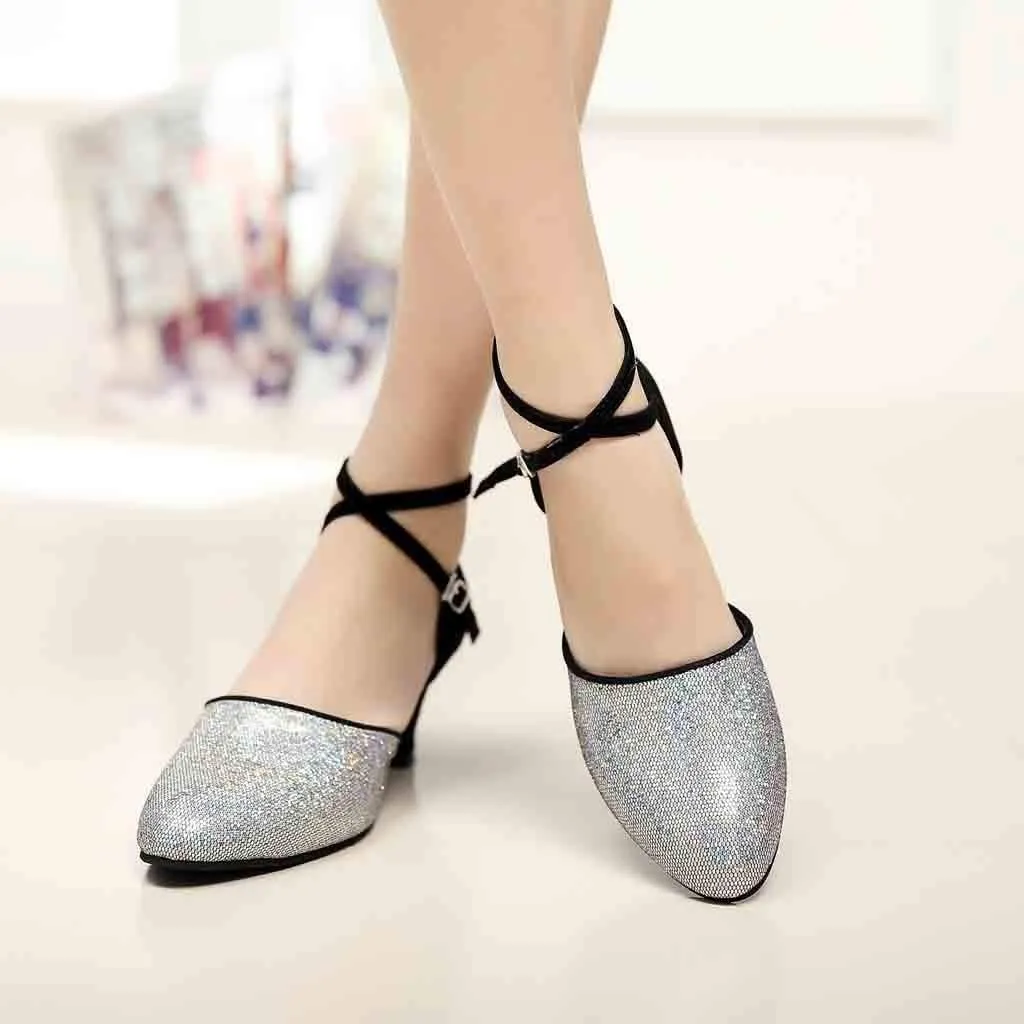 CsgrFagr Women's Ballroom Tango Latin Dancing Shoes Sequins Shoes Social Dance Shoe Casual Chunky Heels Women (Black, 7.5)
