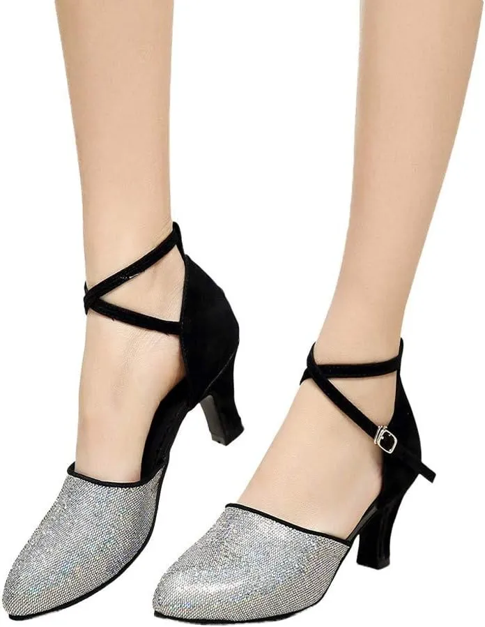 CsgrFagr Women's Ballroom Tango Latin Dancing Shoes Sequins Shoes Social Dance Shoe Casual Chunky Heels Women (Black, 7.5)