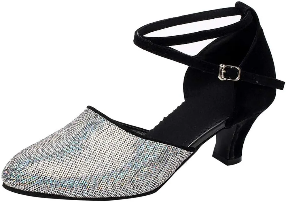 CsgrFagr Women's Ballroom Tango Latin Dancing Shoes Sequins Shoes Social Dance Shoe Casual Chunky Heels Women (Black, 7.5)