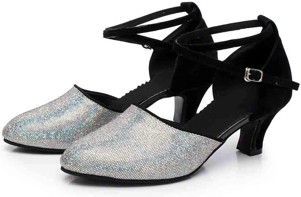 CsgrFagr Women's Ballroom Tango Latin Dancing Shoes Sequins Shoes Social Dance Shoe Casual Chunky Heels Women (Black, 7.5)
