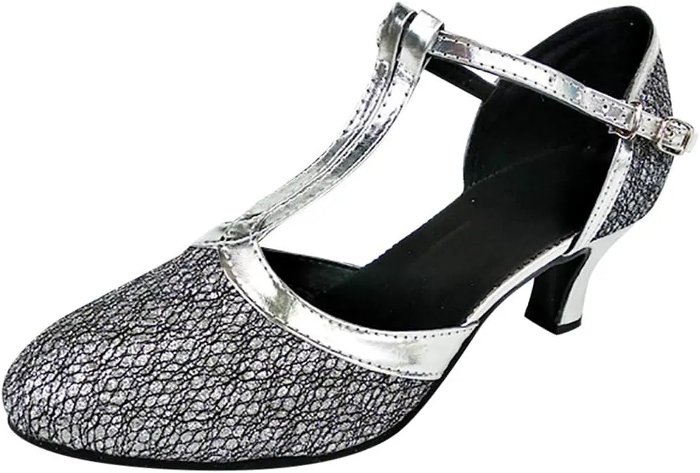 CsgrFagr Women's Ballroom Tango Latin Salsa Dancing Shoes Sequins Shoes Social Dance Shoe Heels Graduation (Silver, 7)