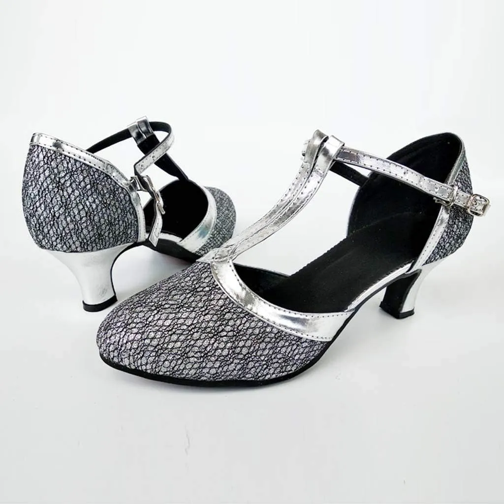 CsgrFagr Women's Ballroom Tango Latin Salsa Dancing Shoes Sequins Shoes Social Dance Shoe Heels Graduation (Silver, 7)