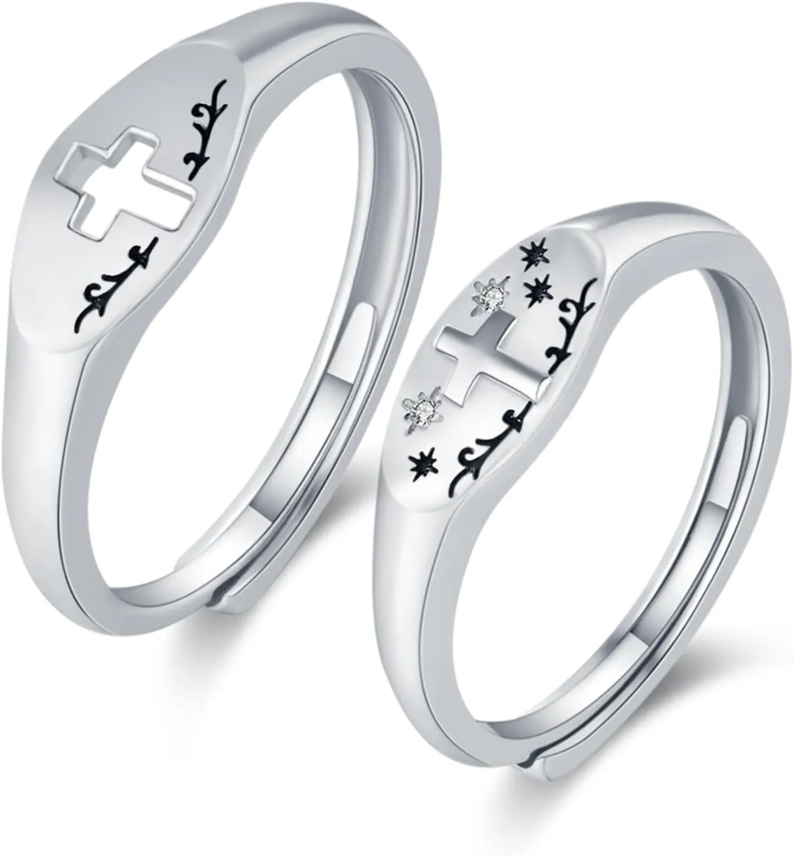 CUOKA MIRACLE Couples Cross Rings,Christian Cross Puzzle Ring Set, 925 Sterling Silver Promise Rings Couple Wedding Gift for Him Her Faith Ring,2 Packs
