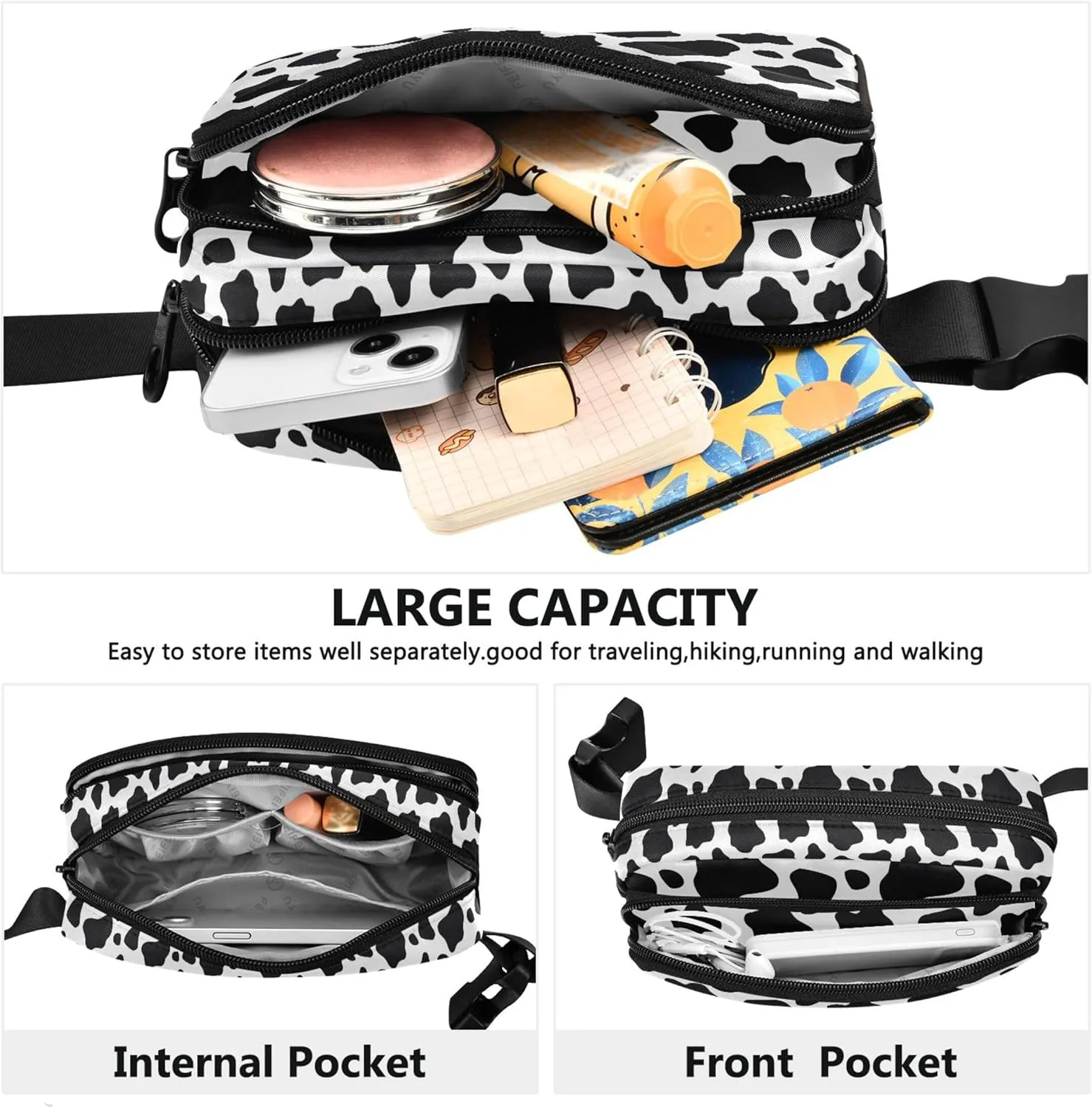 Custom Black and White Cow Print Waterproof Fanny Packs Women Large Hip Belt Bag Trendy Waist Pouches for Men