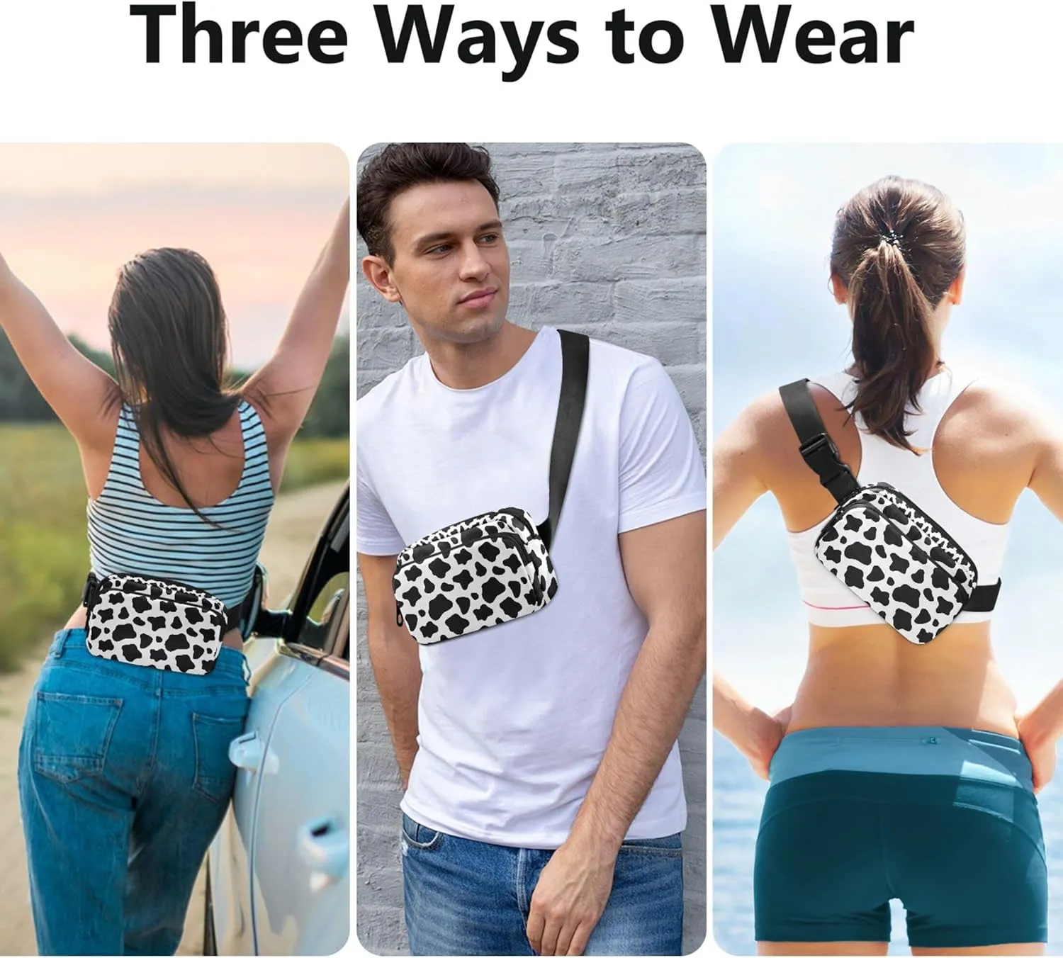 Custom Black and White Cow Print Waterproof Fanny Packs Women Large Hip Belt Bag Trendy Waist Pouches for Men