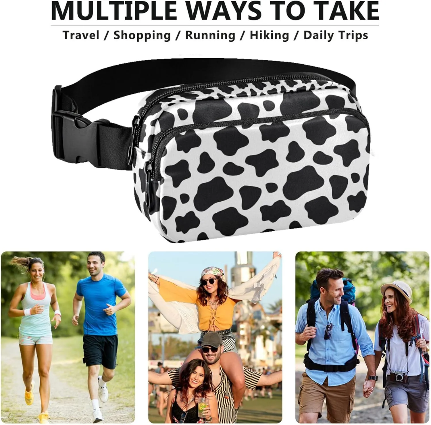 Custom Black and White Cow Print Waterproof Fanny Packs Women Large Hip Belt Bag Trendy Waist Pouches for Men