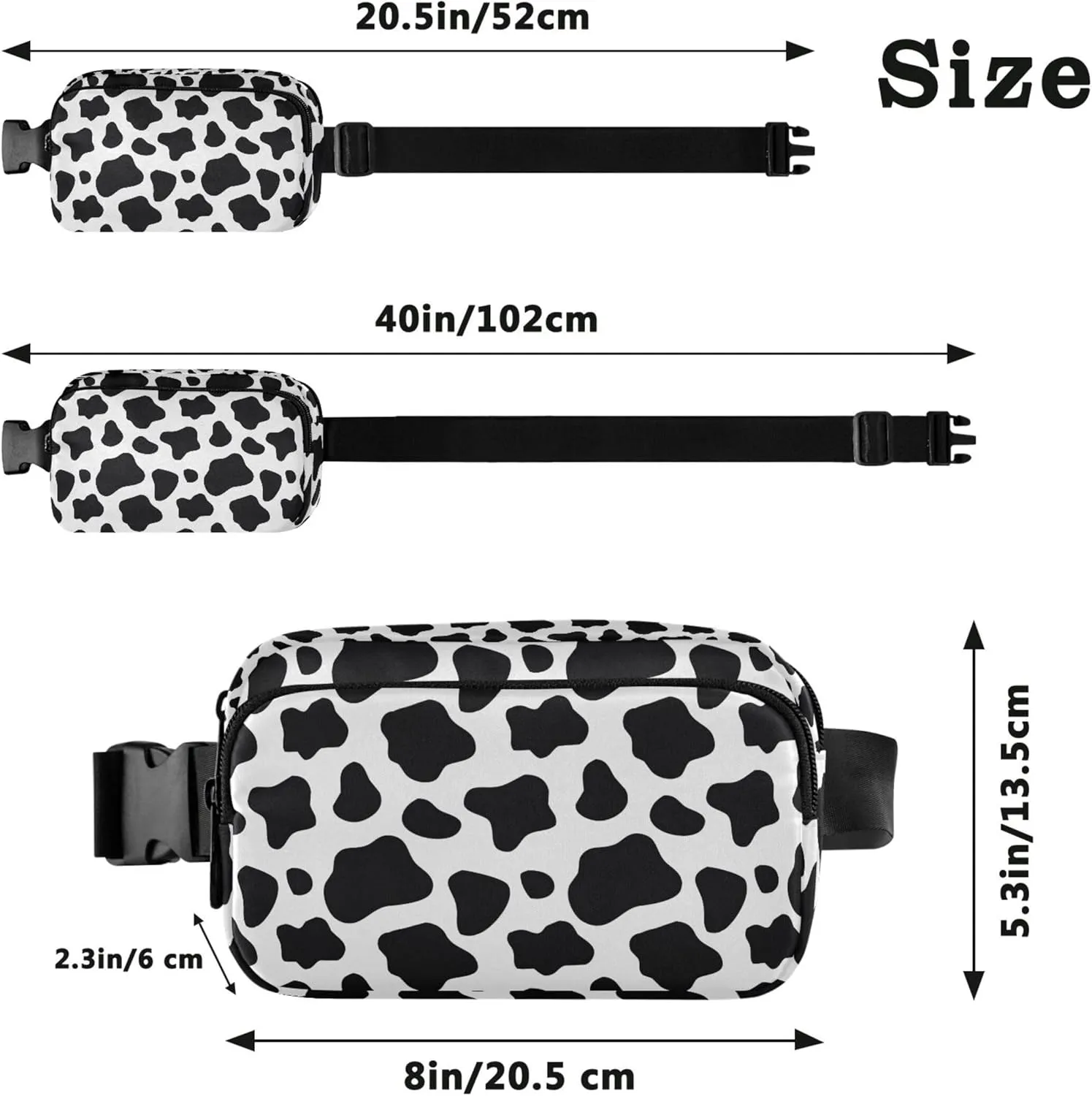 Custom Black and White Cow Print Waterproof Fanny Packs Women Large Hip Belt Bag Trendy Waist Pouches for Men