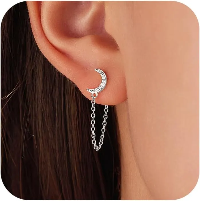 CZ Moon Chain Studs Earrings for Women,925 Sterling Silver Love Heart Teardrop Chain Dangle Earrings to Daughter 14K Gold Plated Minimalist Bar Earrings Dangle Earrings Jewelry