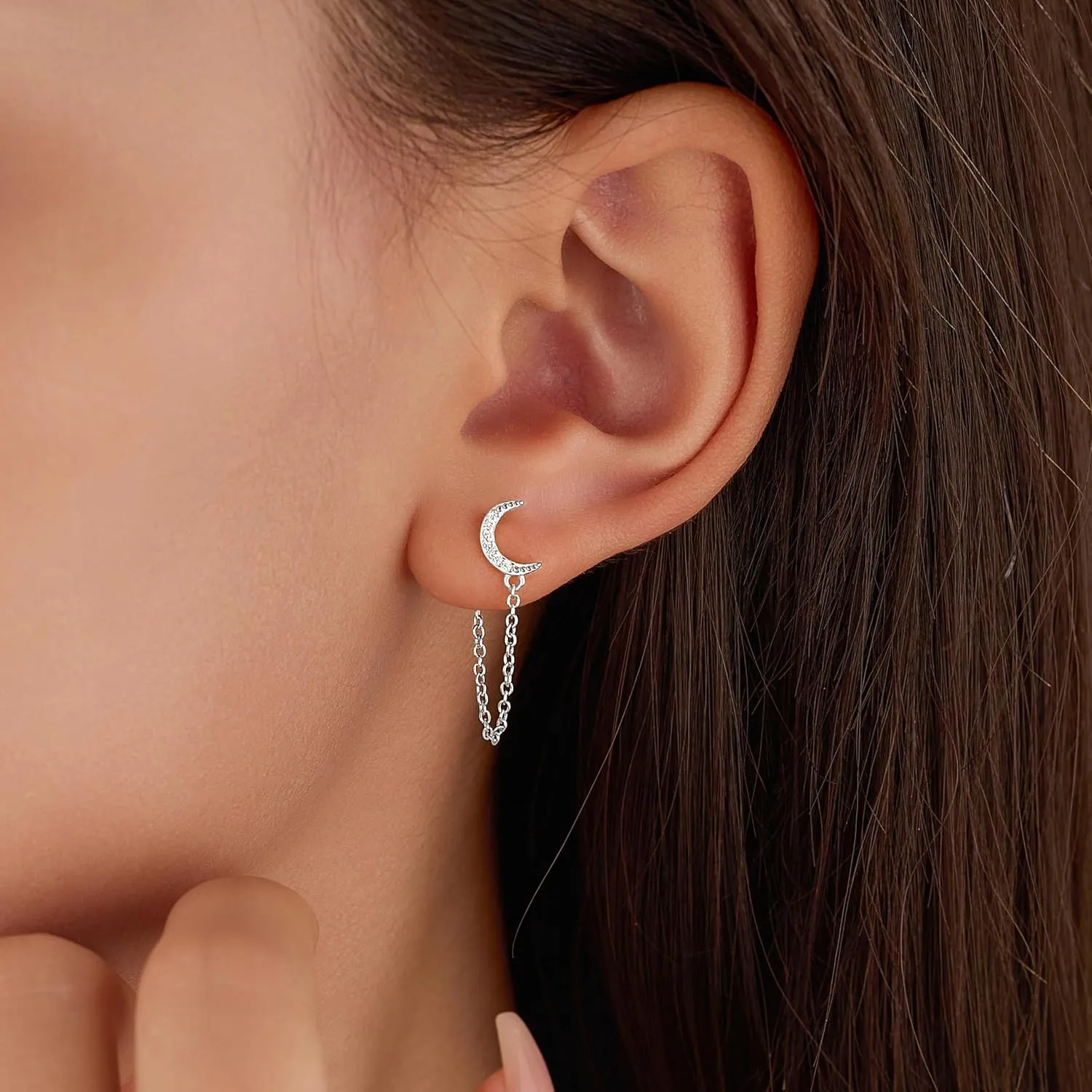 CZ Moon Chain Studs Earrings for Women,925 Sterling Silver Love Heart Teardrop Chain Dangle Earrings to Daughter 14K Gold Plated Minimalist Bar Earrings Dangle Earrings Jewelry
