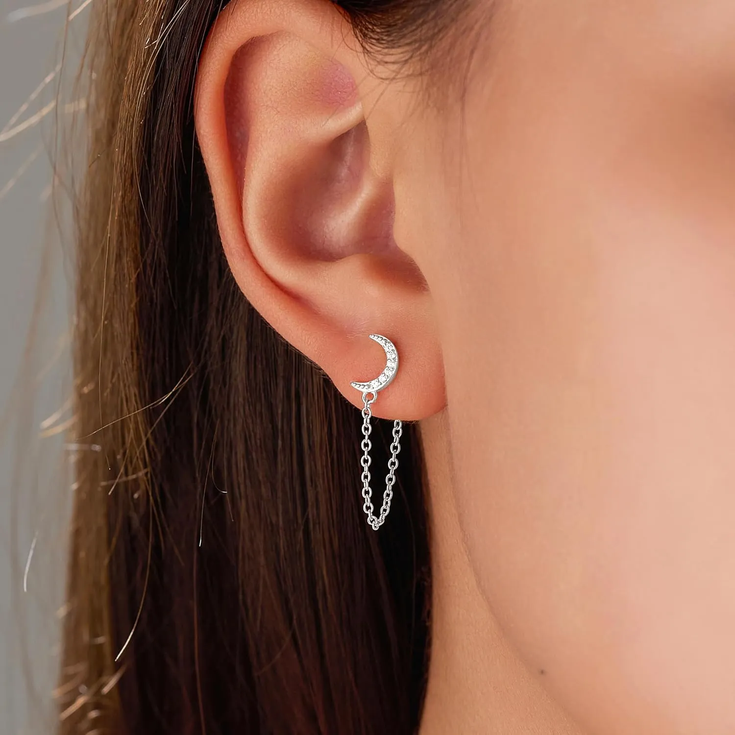 CZ Moon Chain Studs Earrings for Women,925 Sterling Silver Love Heart Teardrop Chain Dangle Earrings to Daughter 14K Gold Plated Minimalist Bar Earrings Dangle Earrings Jewelry