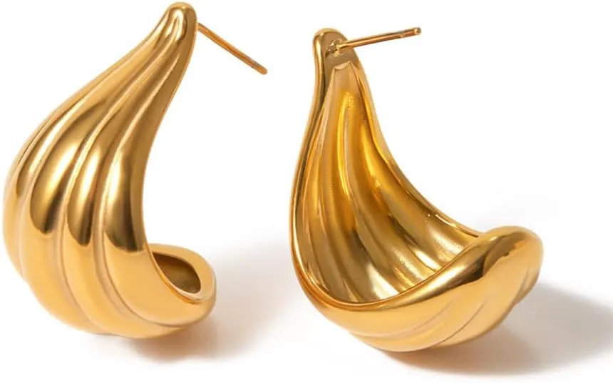 Dainty Teardrop Stripe Geometric Chunky Stud Dangle Drop Earrings for Women 18K Gold Plated Stainless Steel Waterdrop Big Studs Hypoallergenic Unique Design Fashion Trendy Jewelry Gift Her