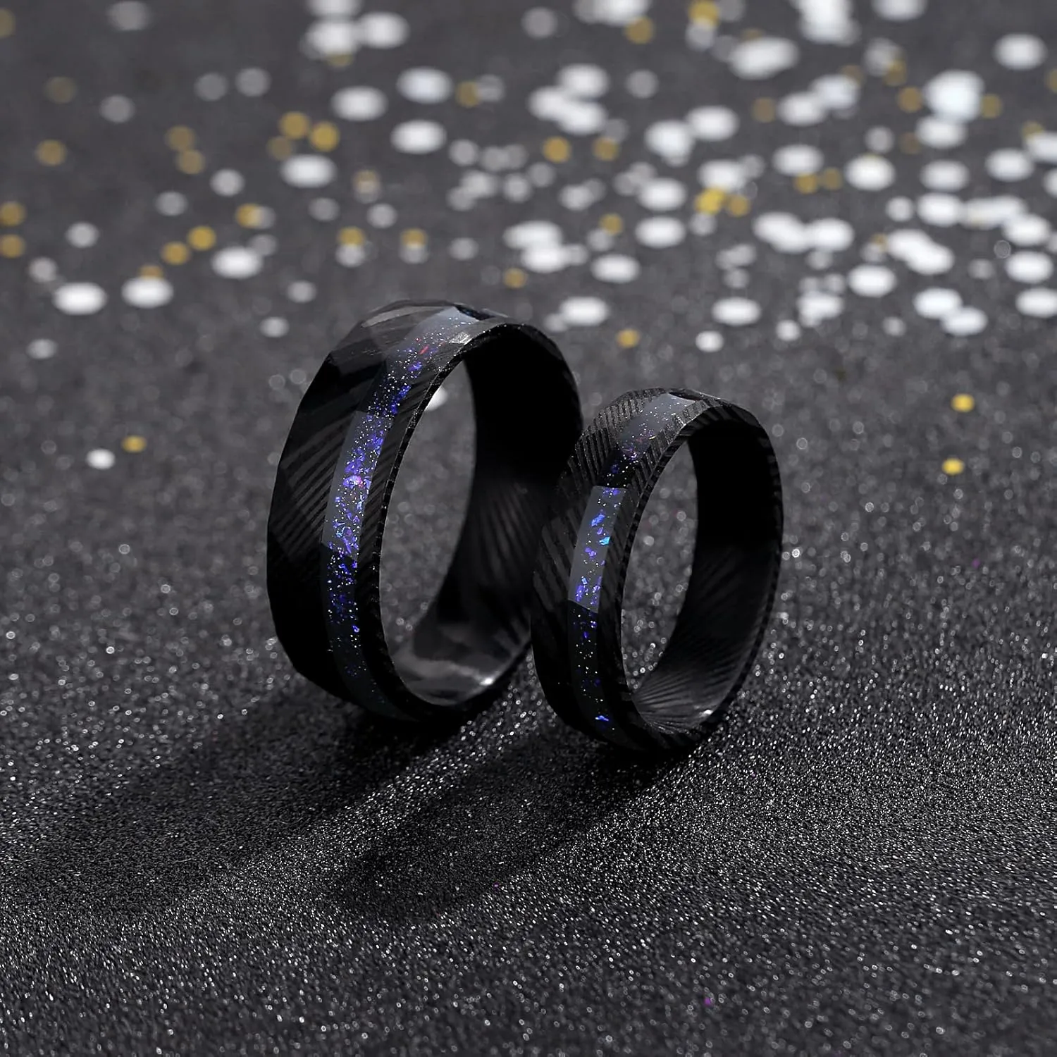 Damascus Engraved Promise Rings for Couples - Personalized Matching Rings Set for Engagement, Wedding Starry Dreams Bands