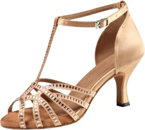 Dancing Shoes for Woman Latin Dance Shoes Women Salsa Tango Ballroom Party High Heel Rhinestone Skin Colour Outdoor Shoes(Indoor Skin 9cm,35)