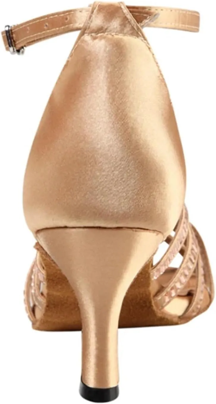 Dancing Shoes for Woman Latin Dance Shoes Women Salsa Tango Ballroom Party High Heel Rhinestone Skin Colour Outdoor Shoes(Indoor Skin 9cm,35)