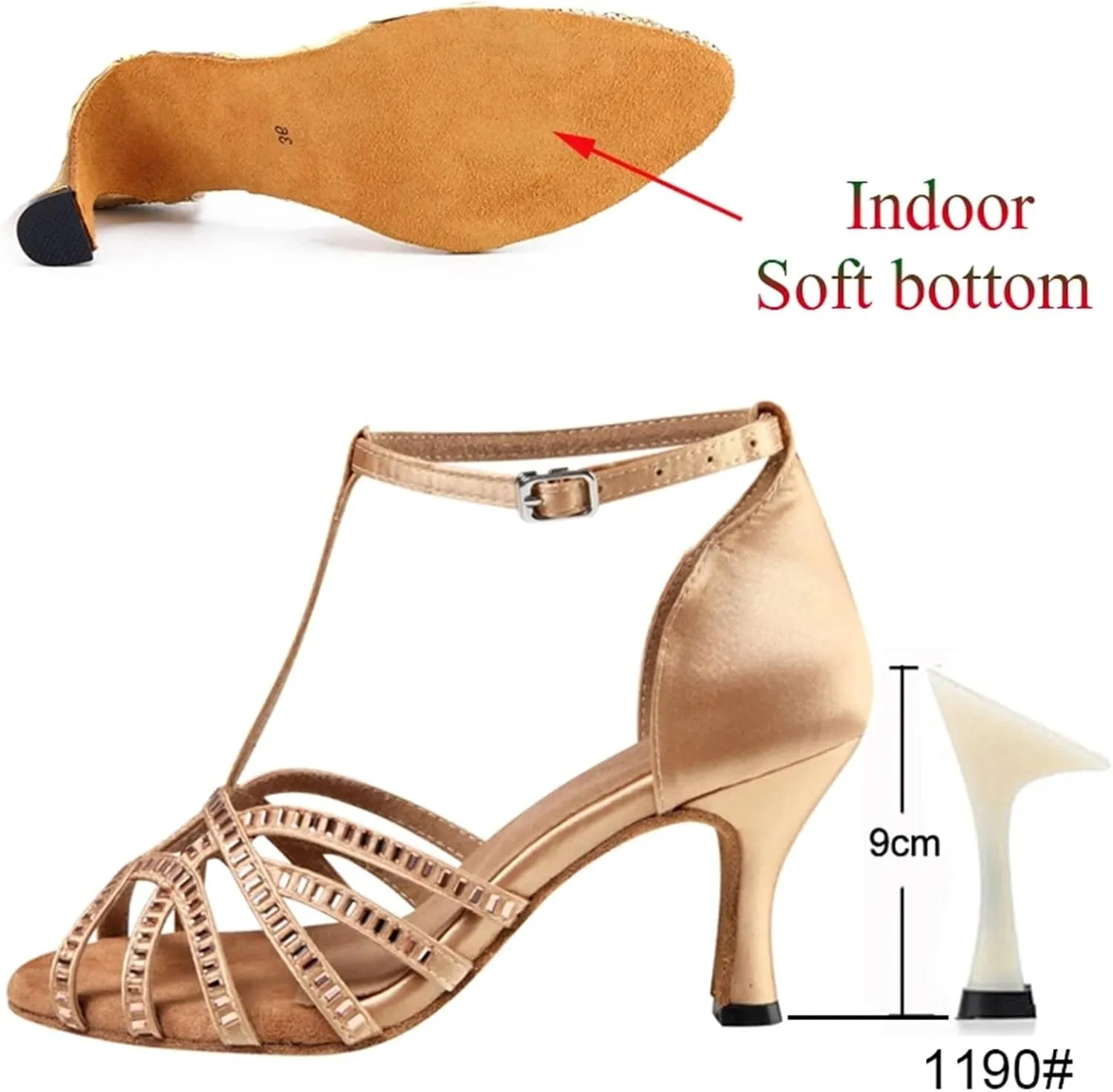 Dancing Shoes for Woman Latin Dance Shoes Women Salsa Tango Ballroom Party High Heel Rhinestone Skin Colour Outdoor Shoes(Indoor Skin 9cm,35)