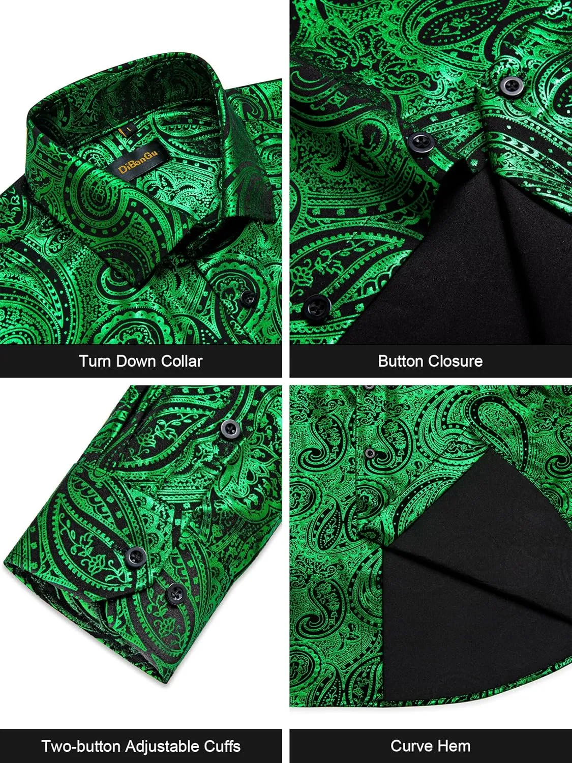 DiBanGu Mens Paisley Dress Shirt Luxury Printed Long Sleeve Button Down Shirts Regular Fit Shiny Shirts for Wedding Prom