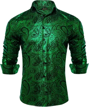 DiBanGu Mens Paisley Dress Shirt Luxury Printed Long Sleeve Button Down Shirts Regular Fit Shiny Shirts for Wedding Prom