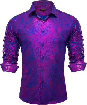 DiBanGu Mens Paisley Dress Shirt Luxury Printed Long Sleeve Button Down Shirts Regular Fit Shiny Shirts for Wedding Prom