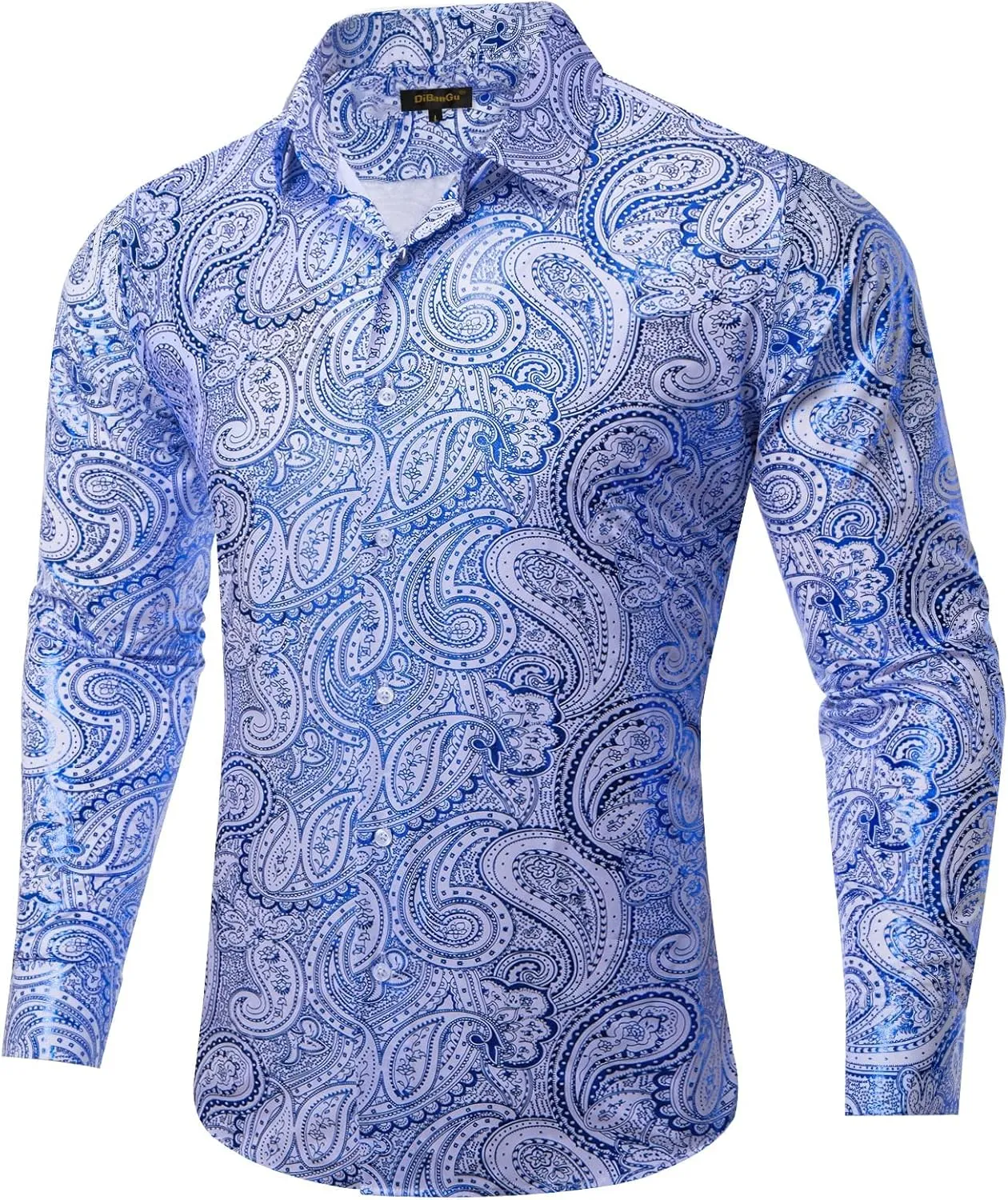 DiBanGu Mens Paisley Dress Shirt Luxury Printed Long Sleeve Button Down Shirts Regular Fit Shiny Shirts for Wedding Prom